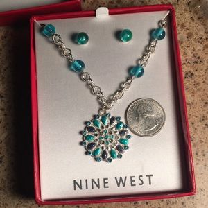 Nine West NEW box Teal green blue inlaid earring necklace Silvertone gift set